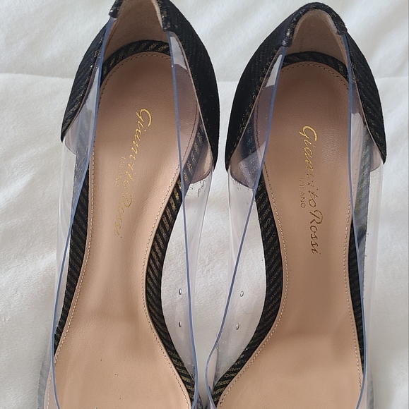EUC! Gianvito Rossi Black Suede/Gold Metallic Striped Plexi Pumps! - Picture 8 of 12
